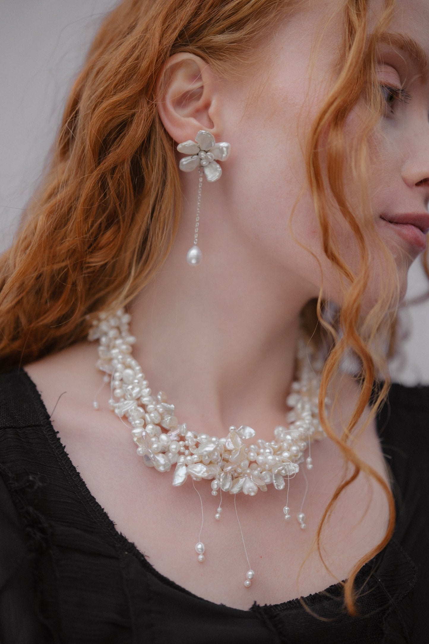 Floral Garden Drops Keshi Pearl Flowers Necklace №64