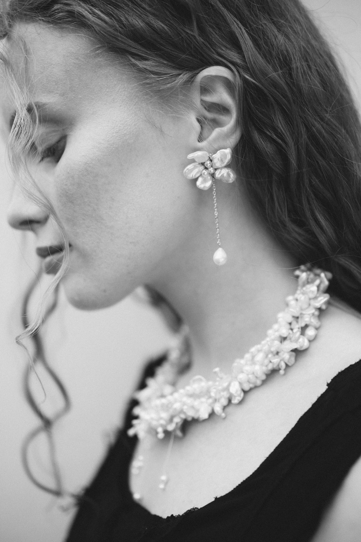 White Keshi Pearls Flower Drop Earrings №35