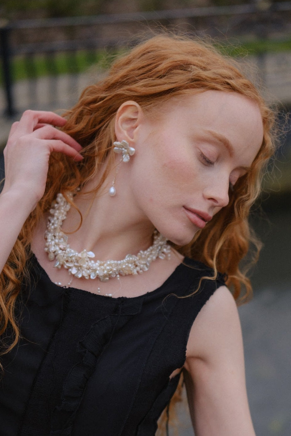 White Keshi Pearls Flower Drop Earrings №35
