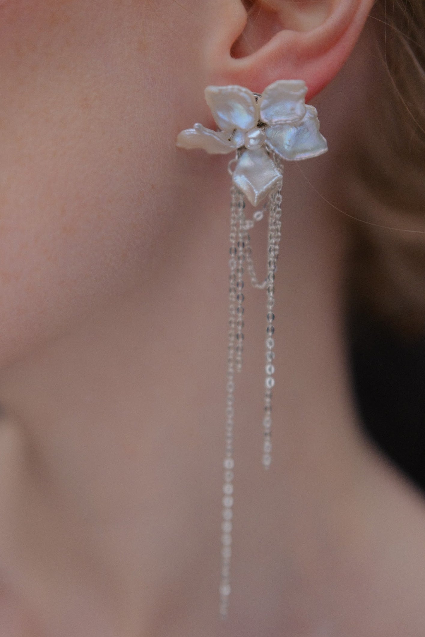 White Keshi Pearls Flower Long Tassel Drop Earrings №41