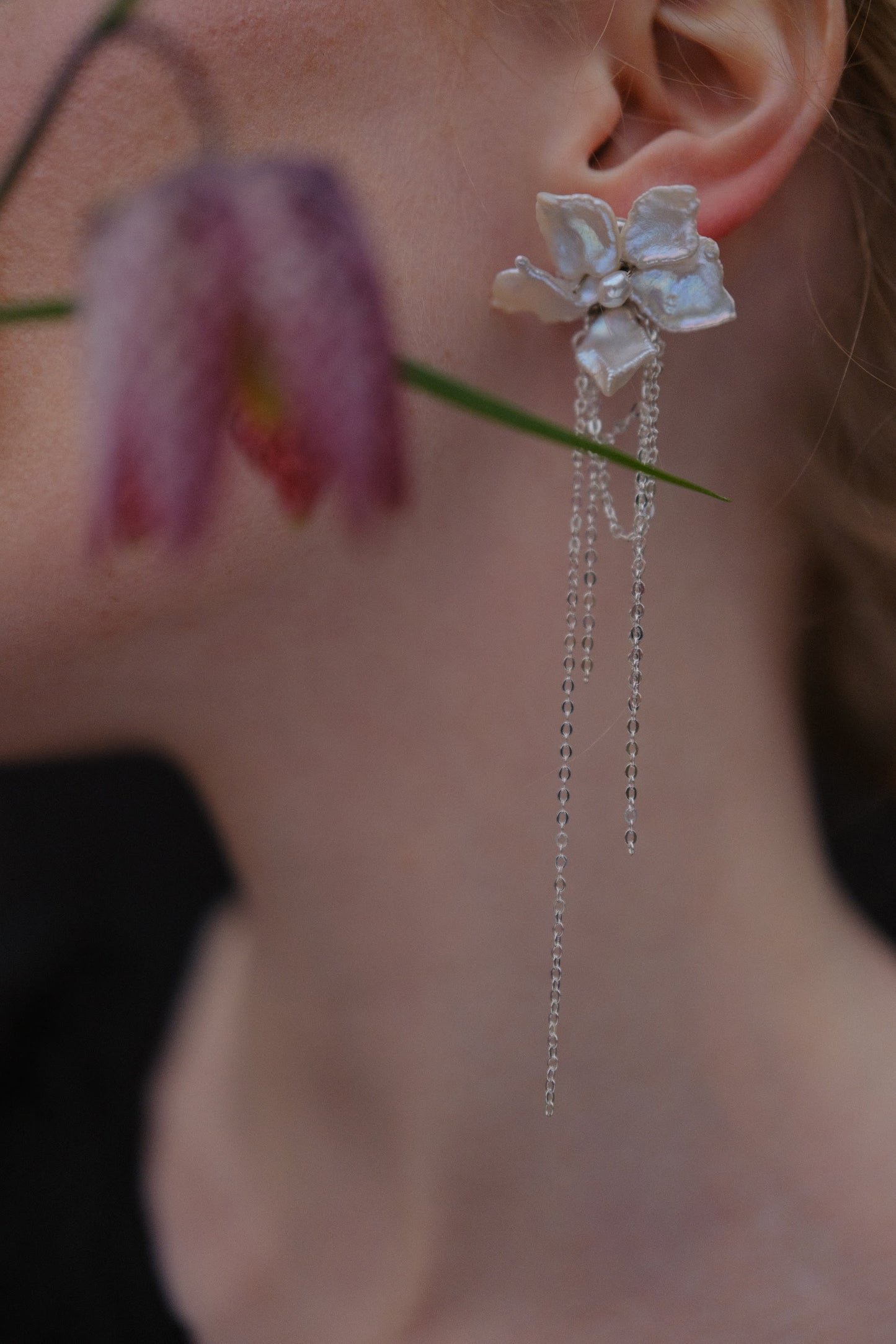 White Keshi Pearls Flower Long Tassel Drop Earrings №41