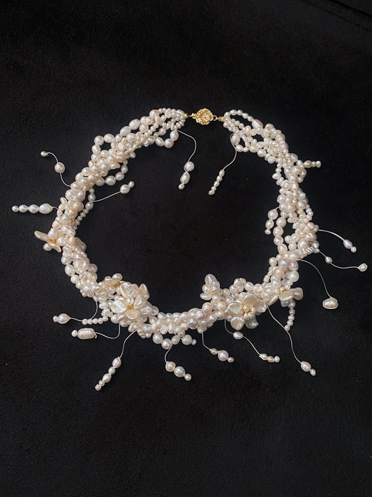 Twilight Drops Keshi Pearl Flowers Necklace №58
