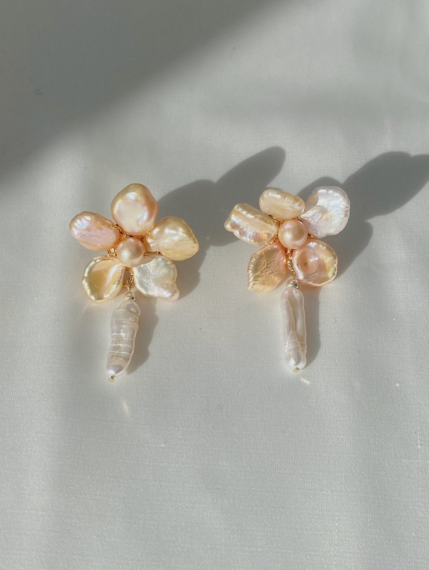 Pink Keshi Pearls Flower Biwa Pearl Earrings №36