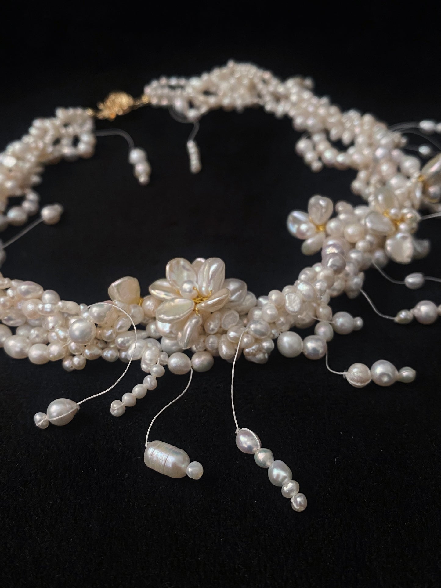 Twilight Drops Keshi Pearl Flowers Necklace №58