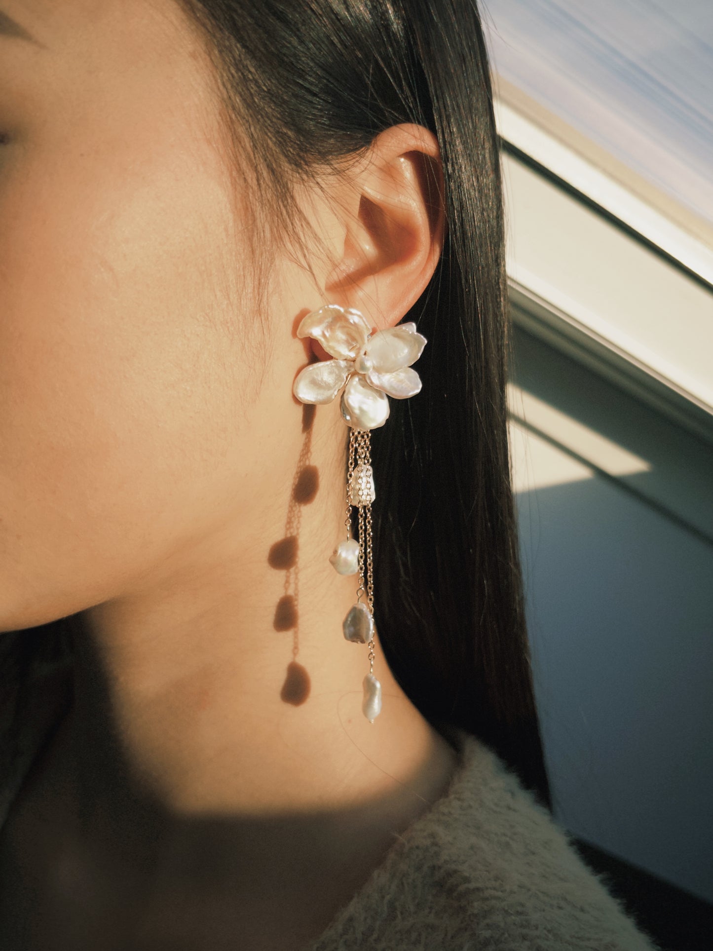 Stellar Petal Keshi Pearl Flower Dangle Earrings №04