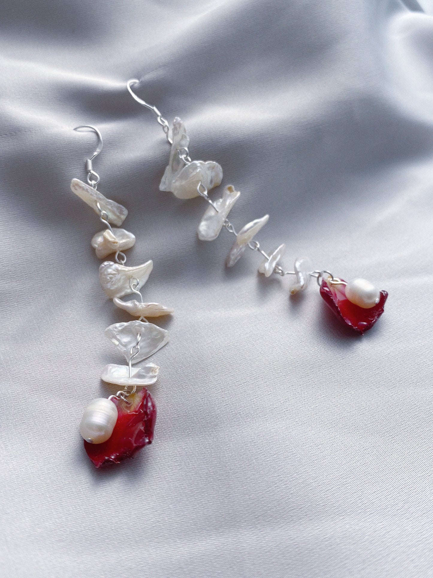 Layered Pearls Real Rose Petal Drop Earrings