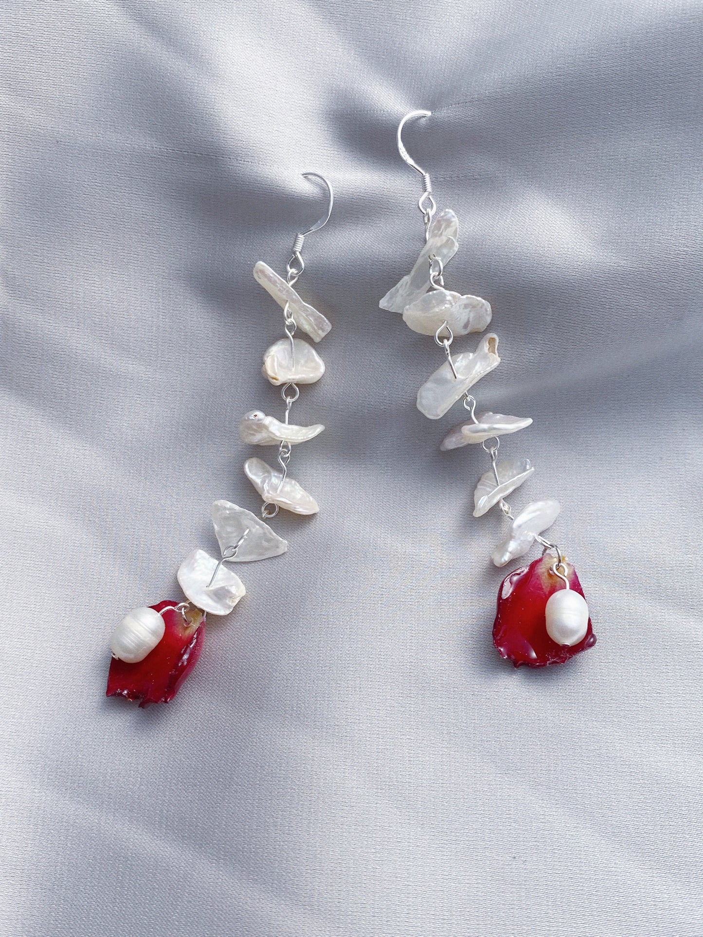 Layered Pearls Real Rose Petal Drop Earrings