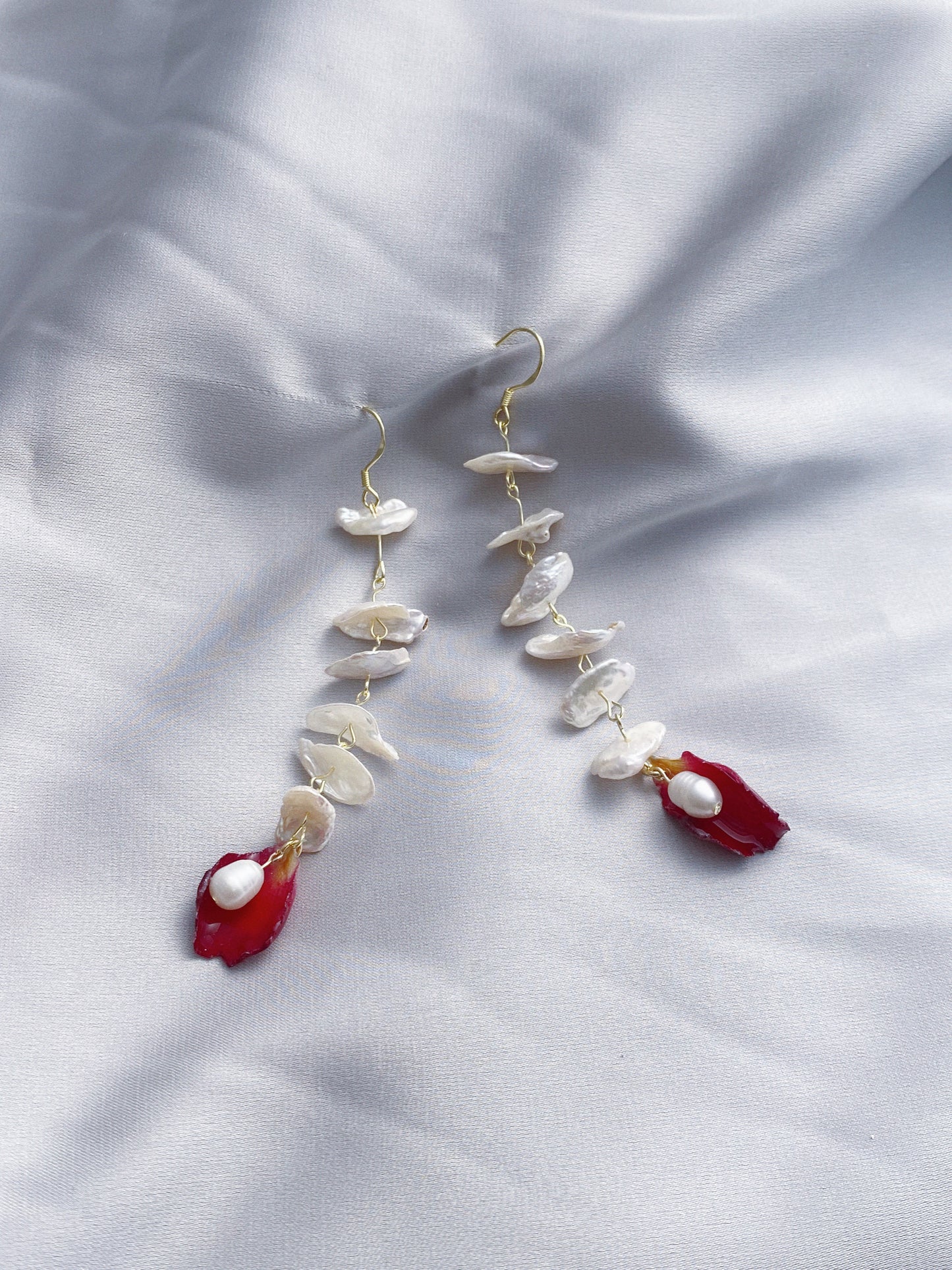 Layered Pearls Real Rose Petal Drop Earrings