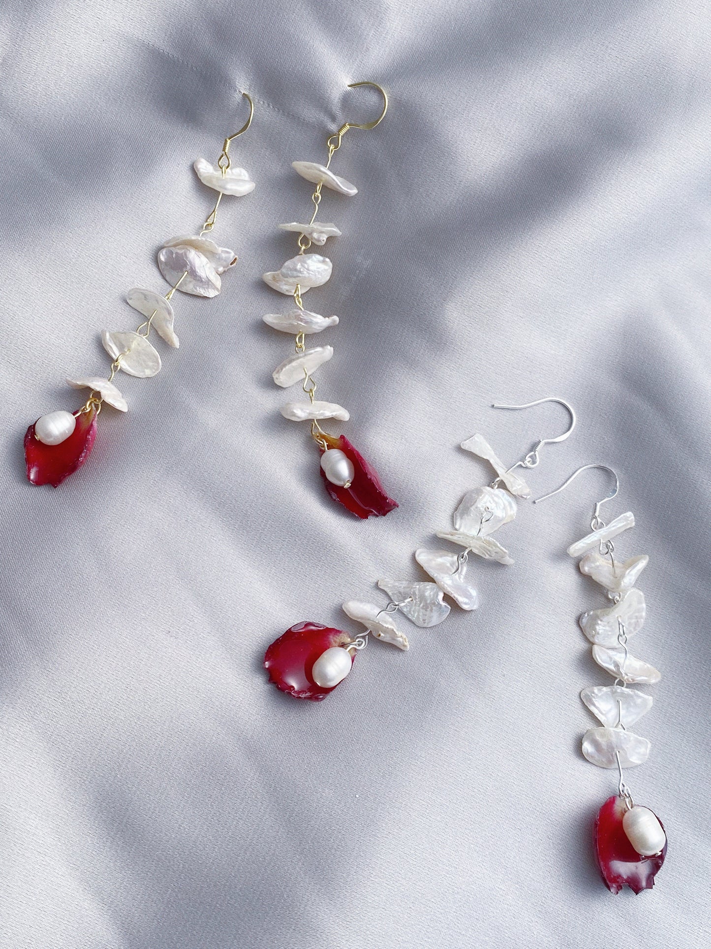 Layered Pearls Real Rose Petal Drop Earrings