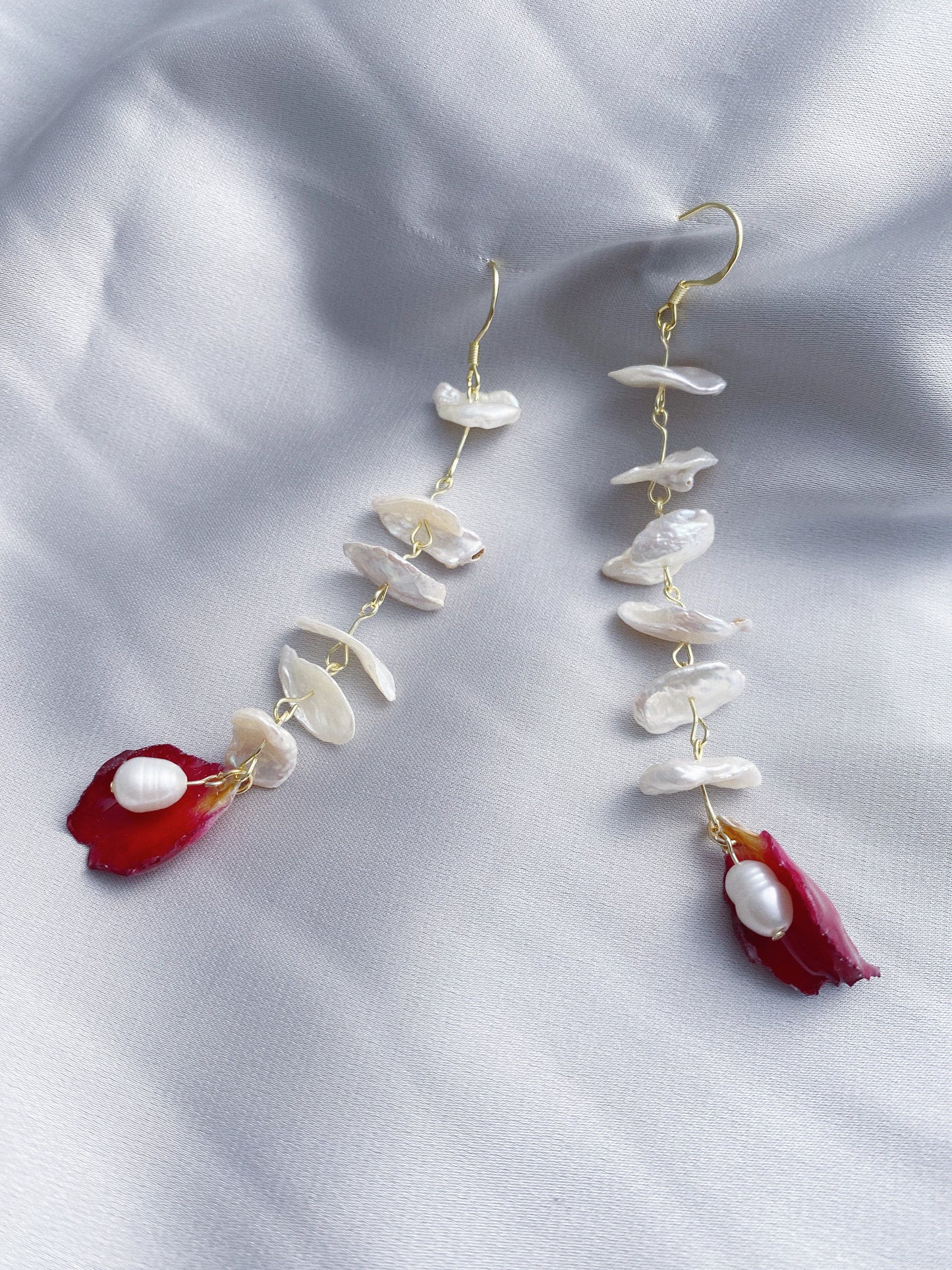 Layered Pearls Real Rose Petal Drop Earrings