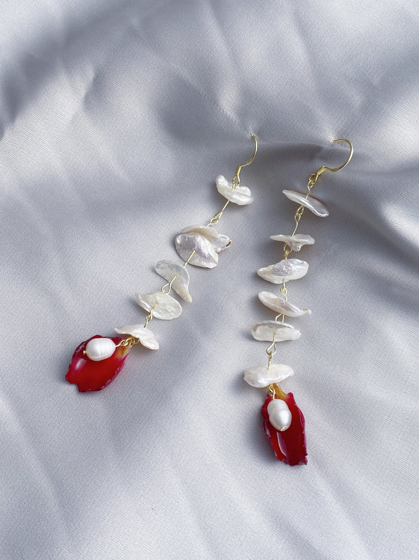 Layered Pearls Real Rose Petal Drop Earrings