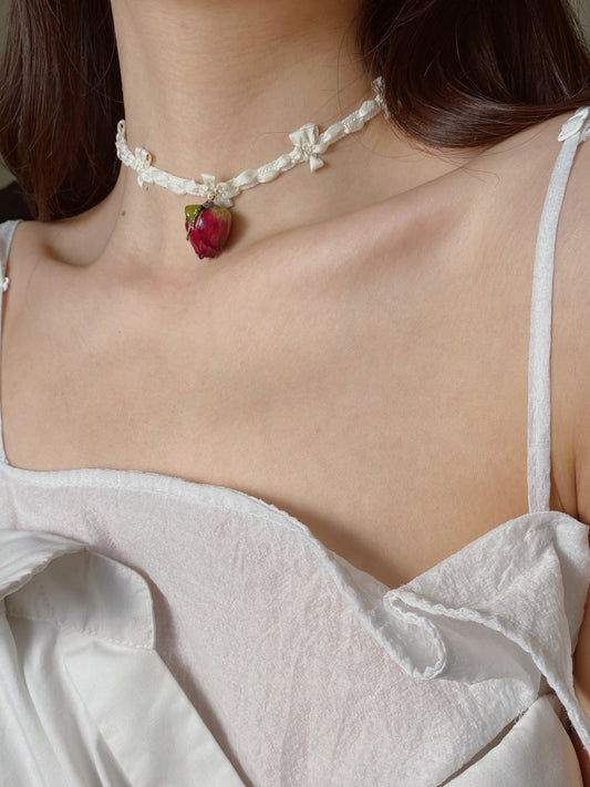 Elegant Rose Charm with Ribbon Bow Choker | White