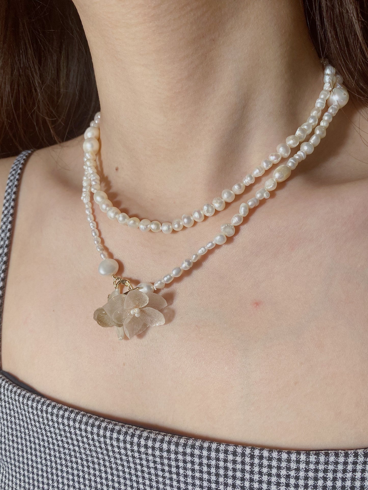 Real Hydrangea Pearl Necklace and Bracelet