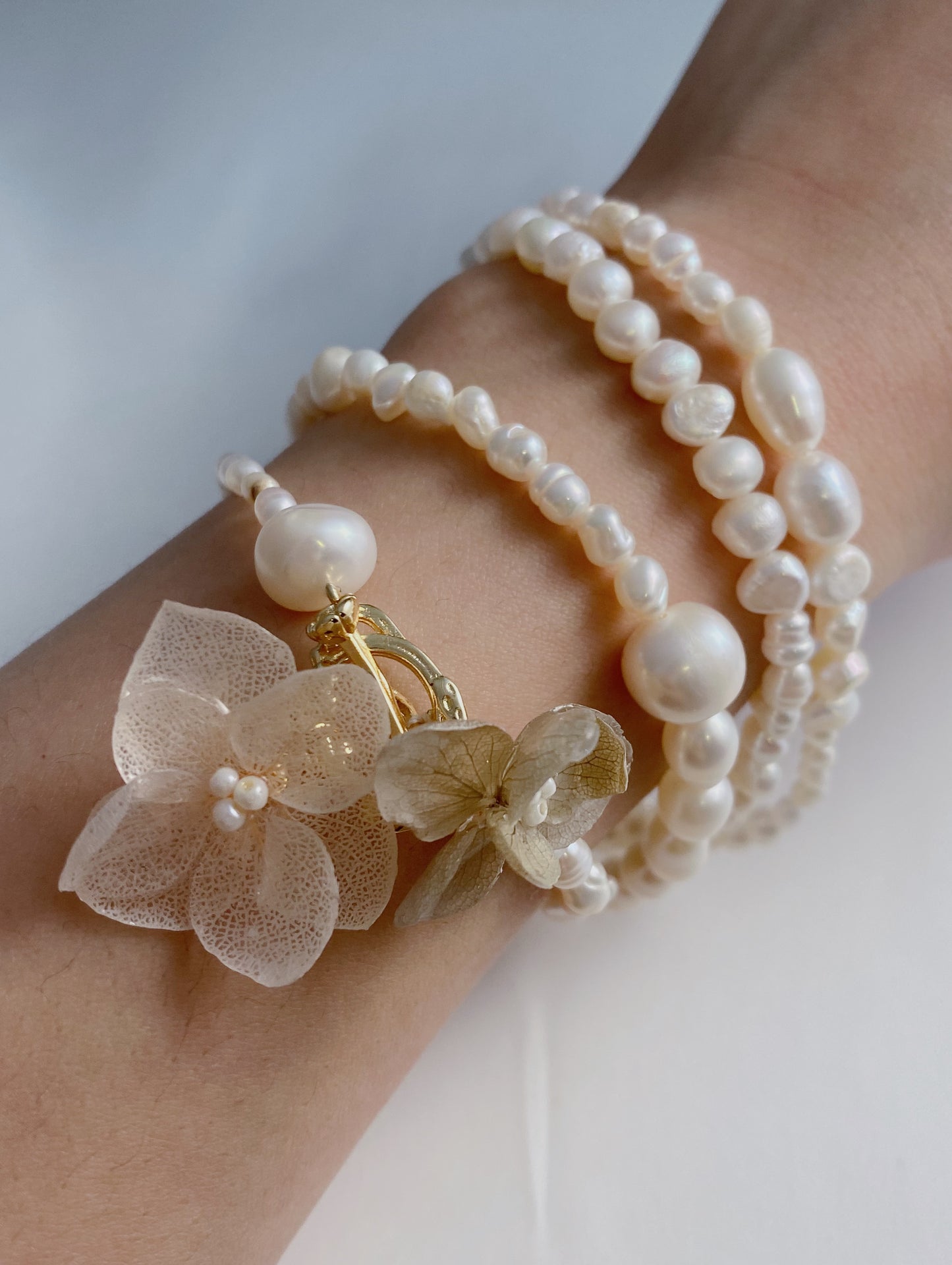 Real Hydrangea Pearl Necklace and Bracelet