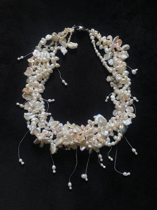 Floral Garden Drops Keshi Pearl Flowers Necklace №64