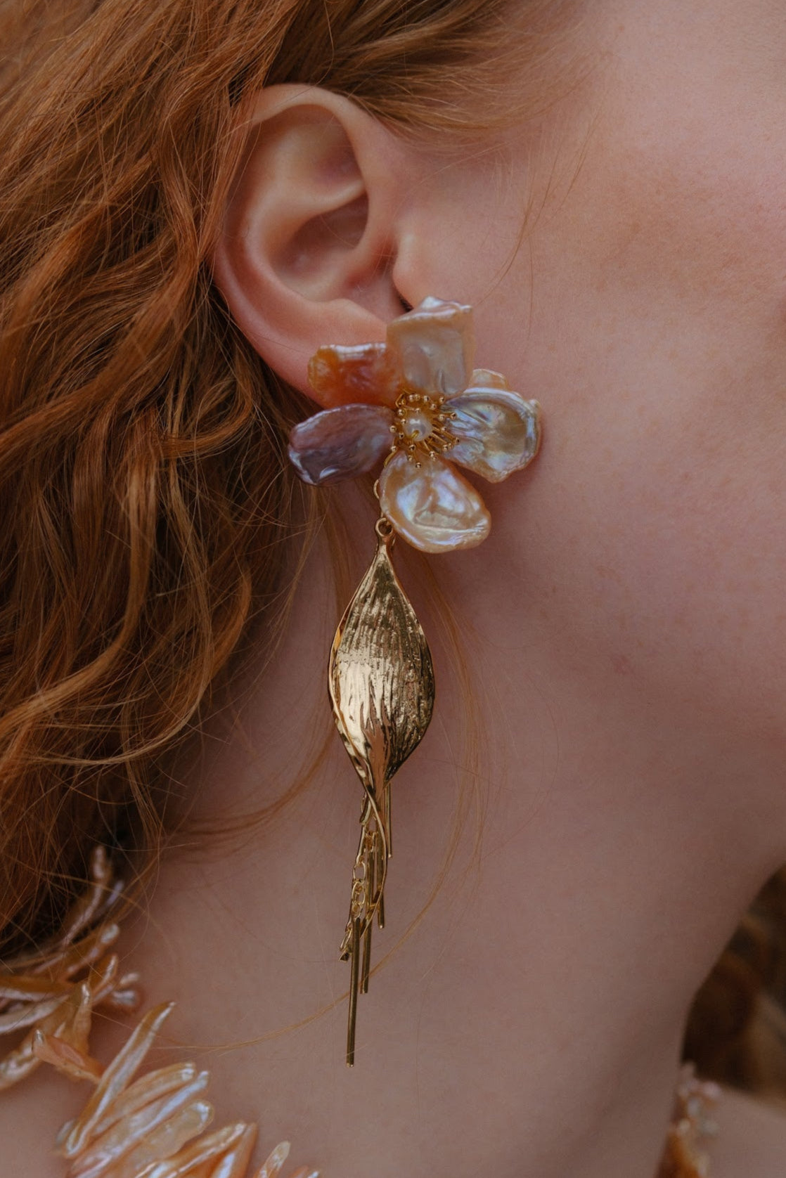 Pink/Purple Keshi Pearl Flower Golden Leave Drop Earrings №59