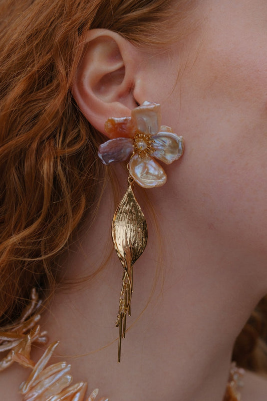 Pink/Purple Keshi Pearl Flower Golden Leave Drop Earrings №59