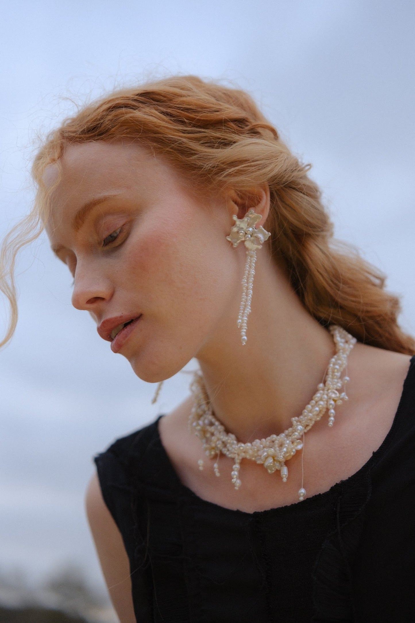 Twilight Drops Keshi Pearl Flowers Necklace №58