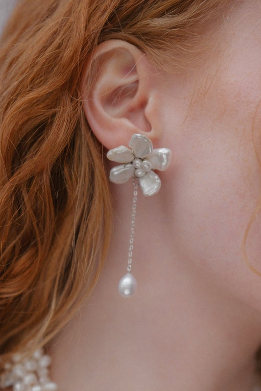 White Keshi Pearls Flower Drop Earrings №35